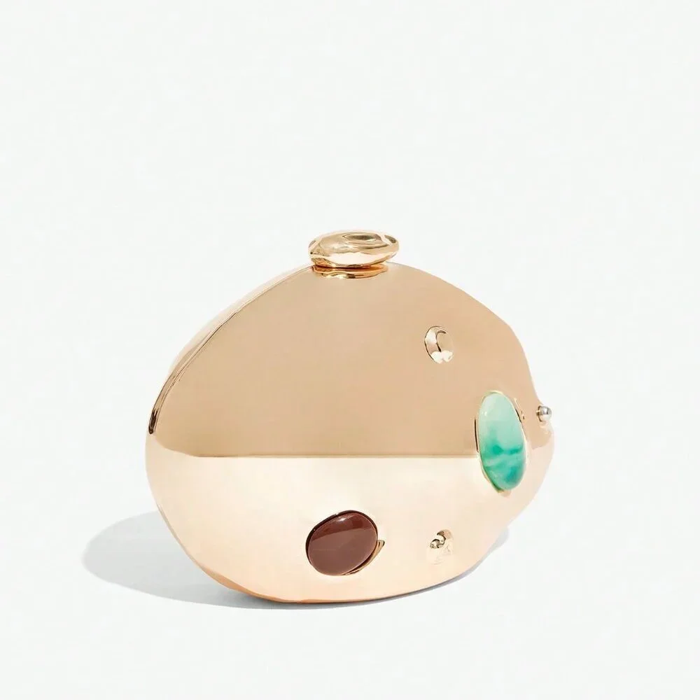 Gold Glamorous Women's Evening Crossbody Clutch Bag with Colored Stone Inlay